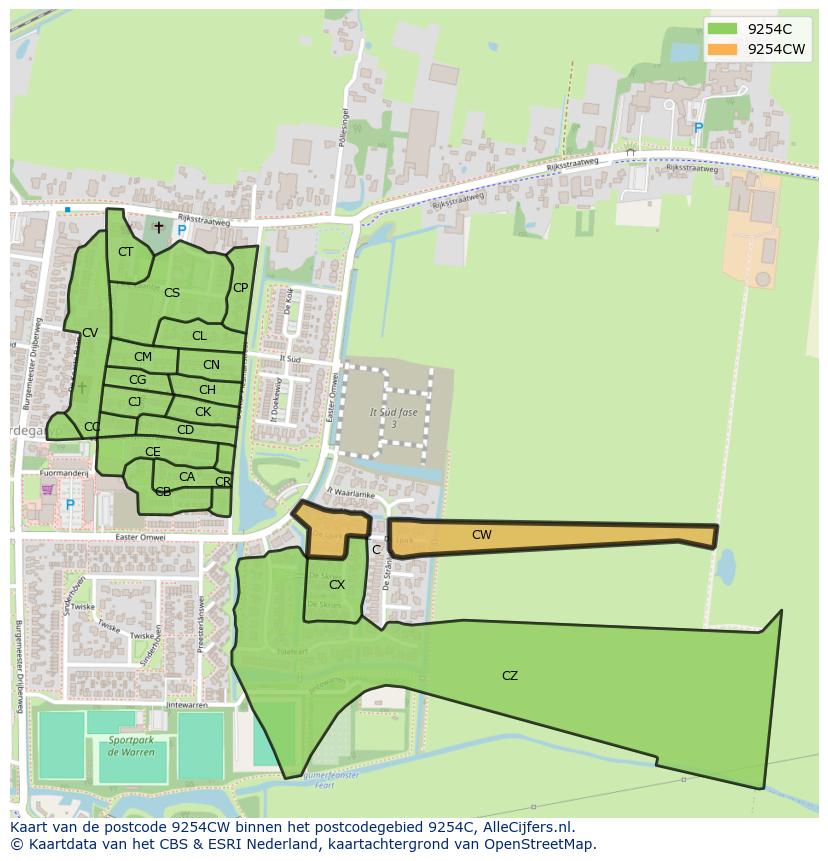 Afbeelding van het postcodegebied 9254 CW op de kaart.