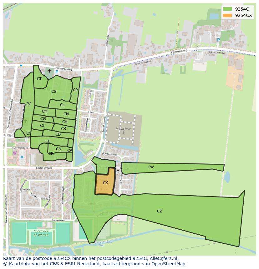 Afbeelding van het postcodegebied 9254 CX op de kaart.
