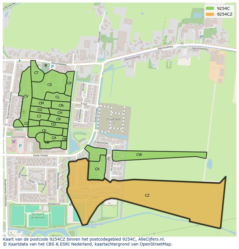Afbeelding van het postcodegebied 9254 CZ op de kaart.