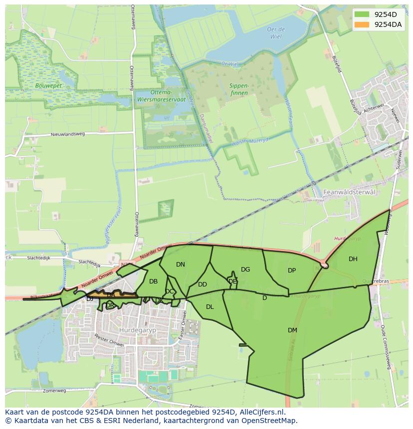 Afbeelding van het postcodegebied 9254 DA op de kaart.