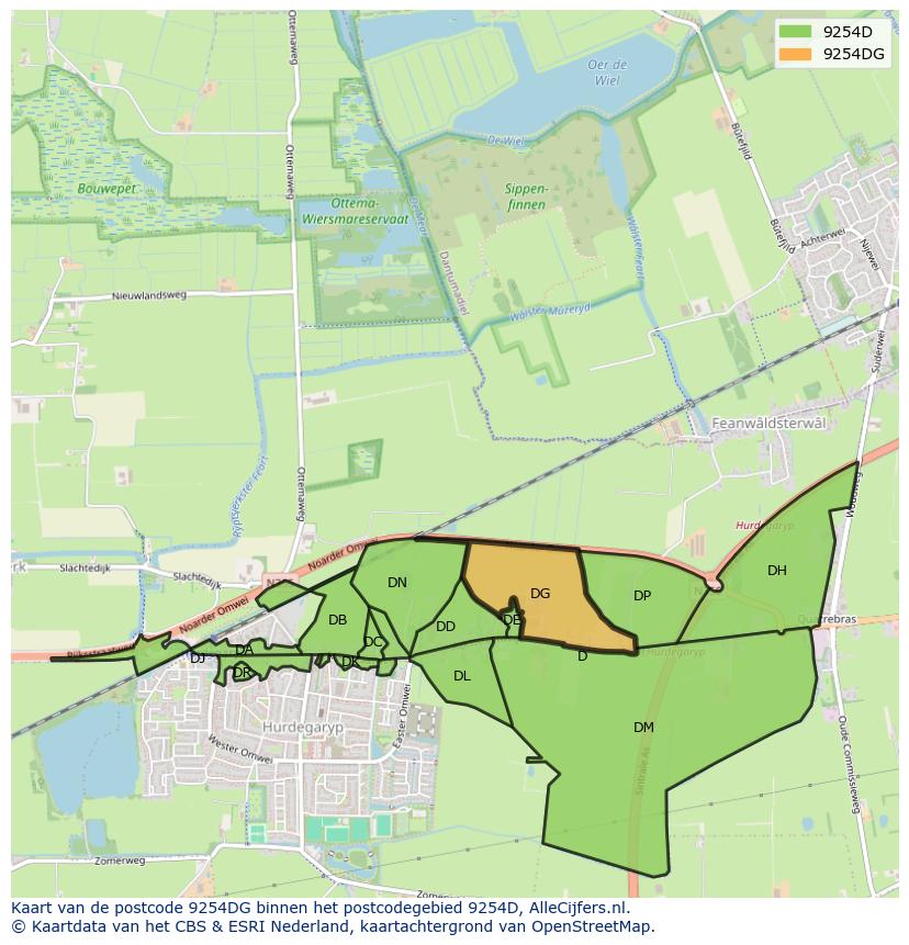 Afbeelding van het postcodegebied 9254 DG op de kaart.