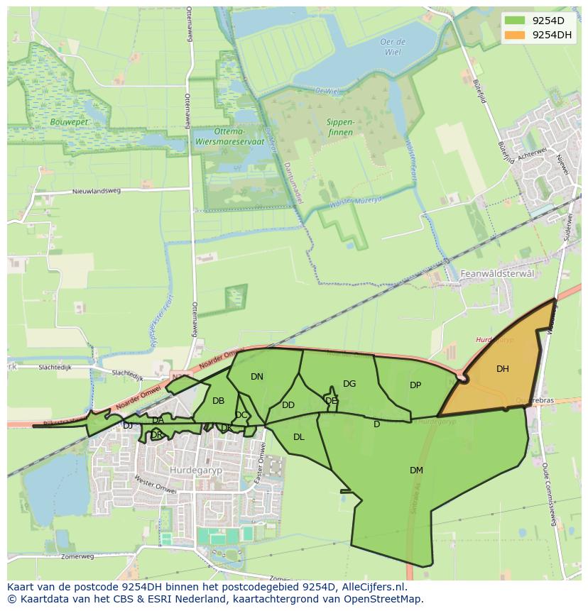 Afbeelding van het postcodegebied 9254 DH op de kaart.