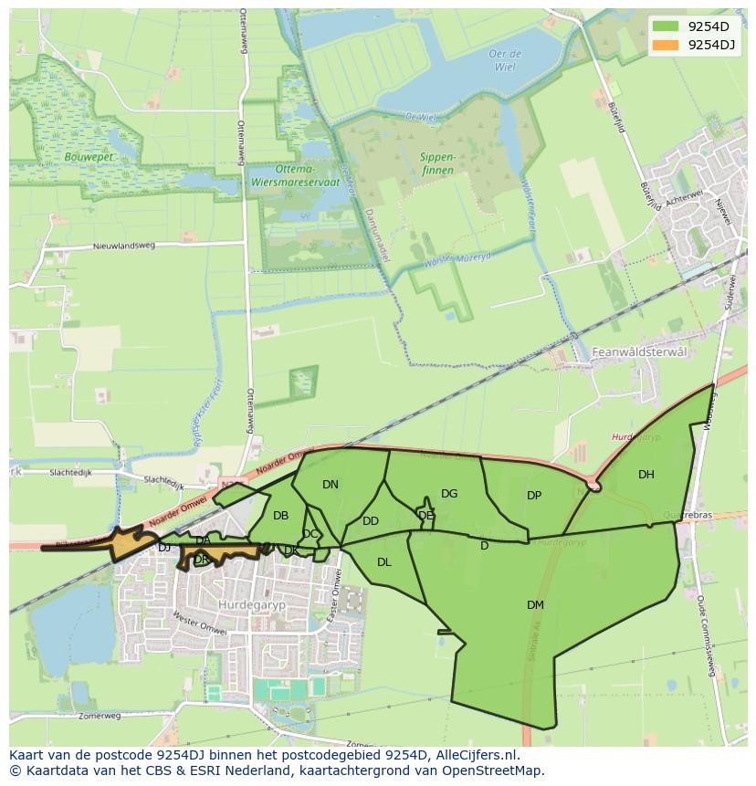 Afbeelding van het postcodegebied 9254 DJ op de kaart.
