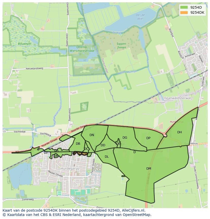 Afbeelding van het postcodegebied 9254 DK op de kaart.