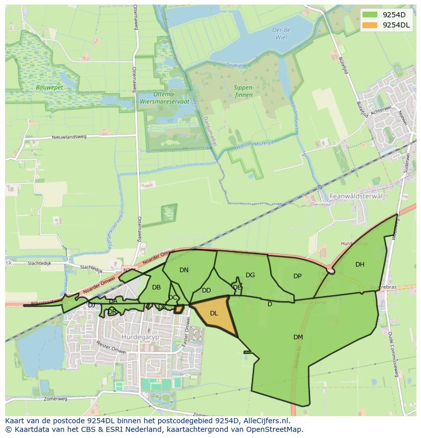 Afbeelding van het postcodegebied 9254 DL op de kaart.
