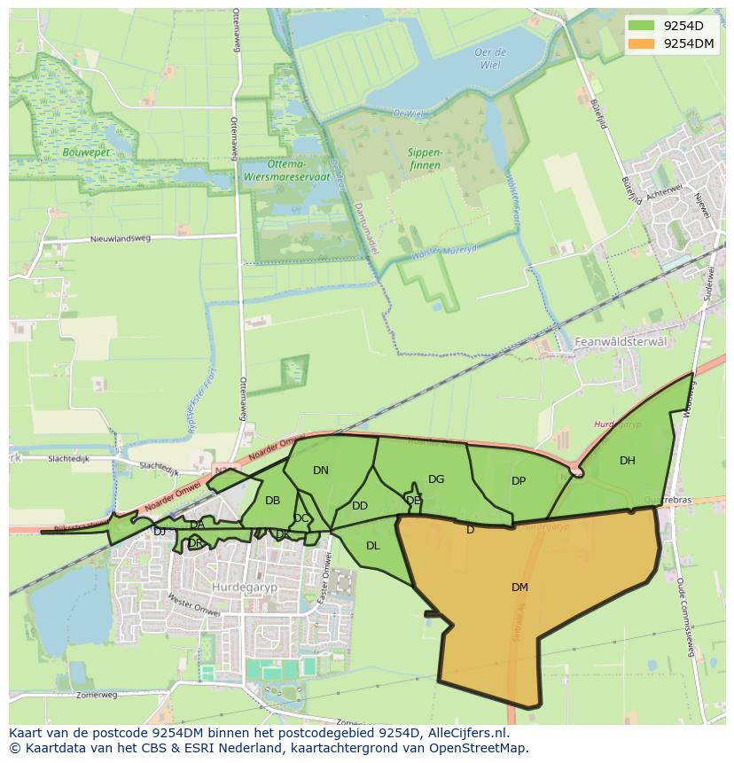 Afbeelding van het postcodegebied 9254 DM op de kaart.