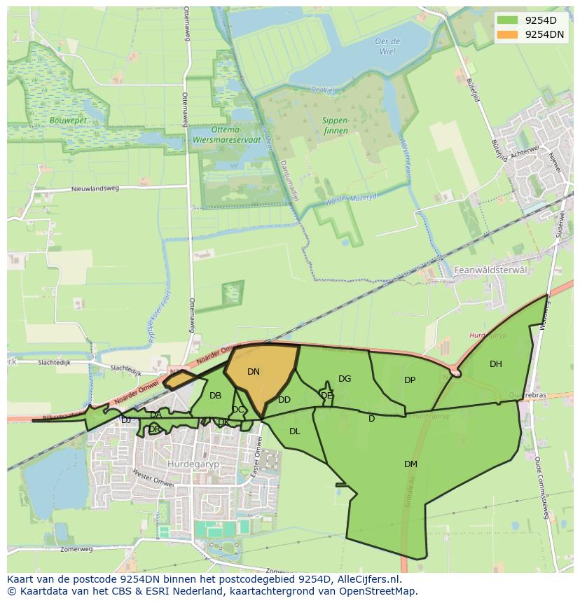Afbeelding van het postcodegebied 9254 DN op de kaart.