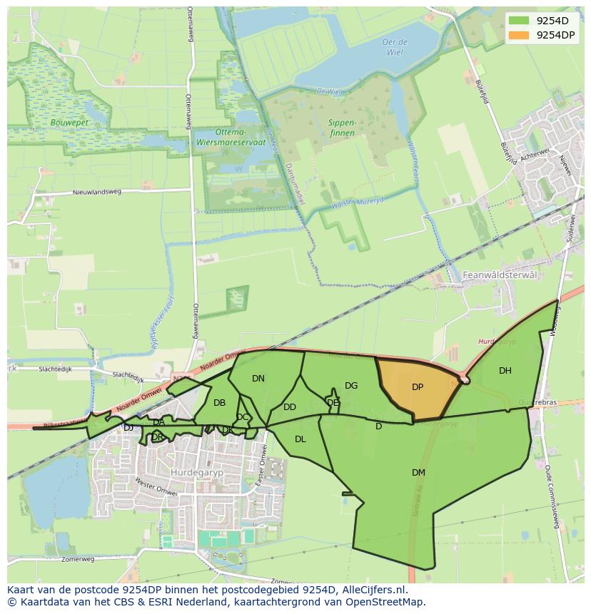 Afbeelding van het postcodegebied 9254 DP op de kaart.