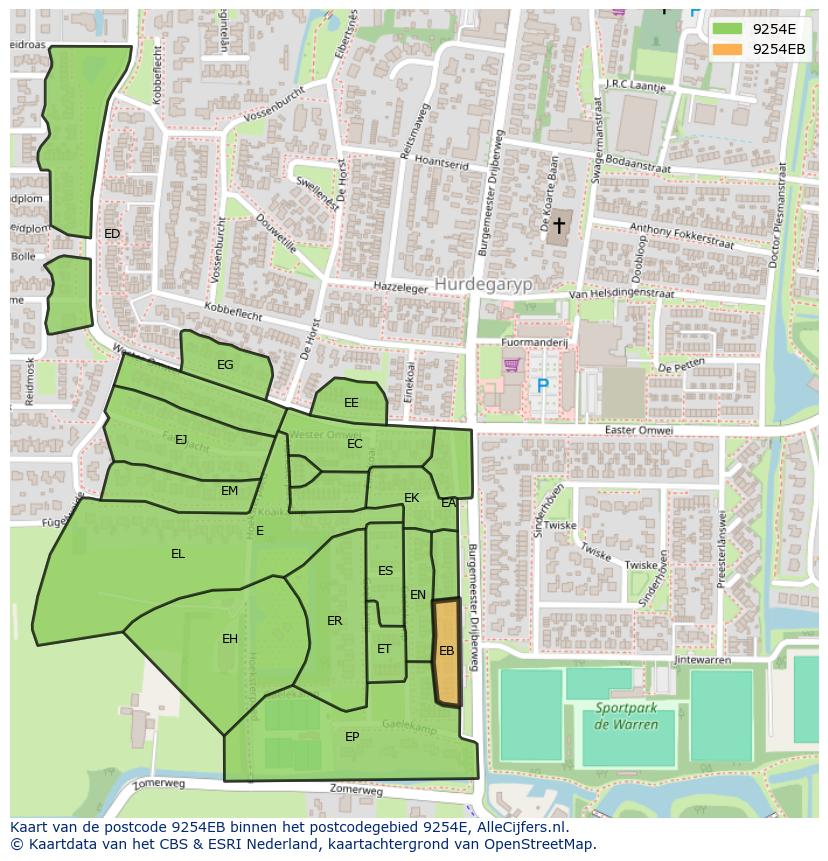 Afbeelding van het postcodegebied 9254 EB op de kaart.