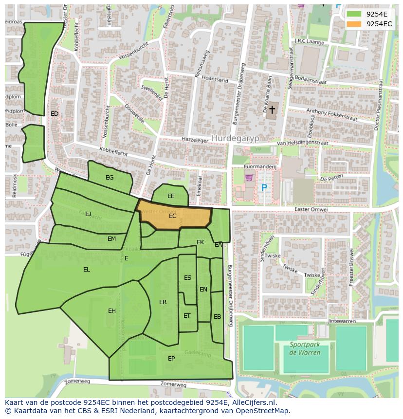 Afbeelding van het postcodegebied 9254 EC op de kaart.