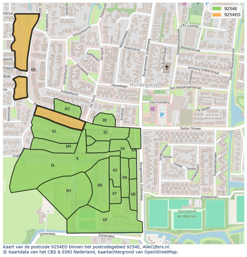 Afbeelding van het postcodegebied 9254 ED op de kaart.