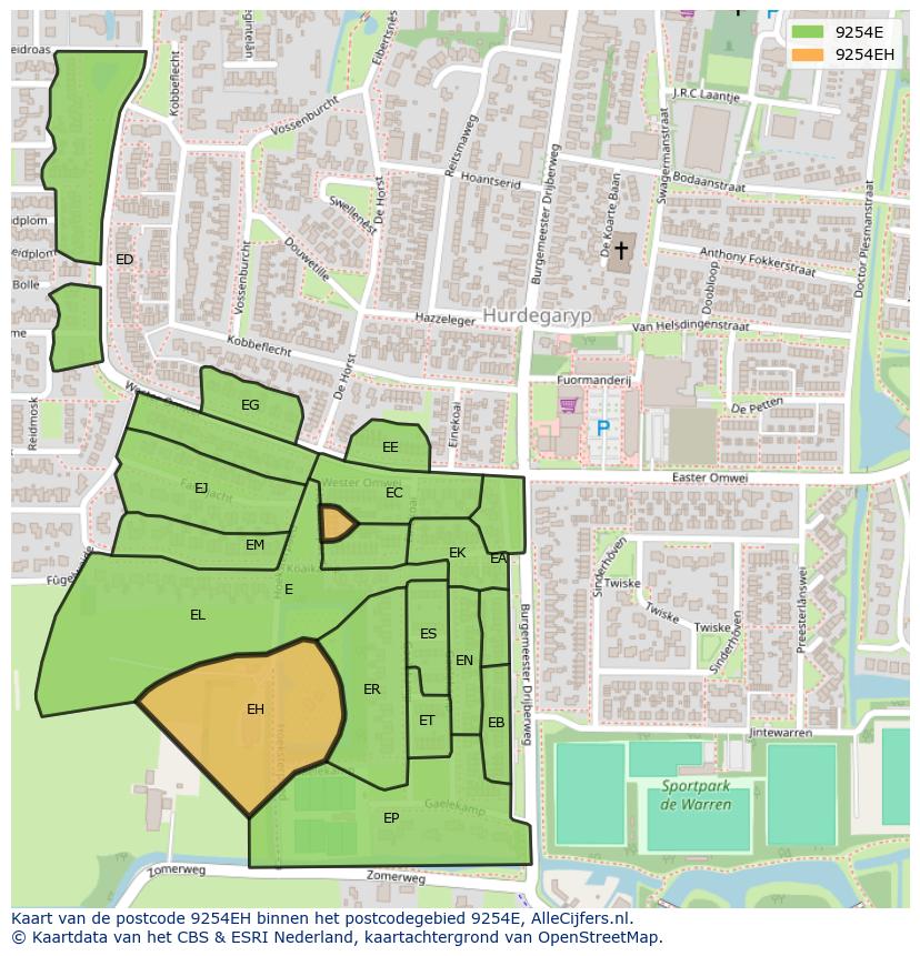 Afbeelding van het postcodegebied 9254 EH op de kaart.