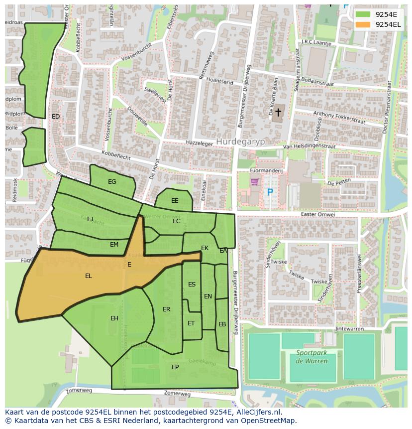 Afbeelding van het postcodegebied 9254 EL op de kaart.
