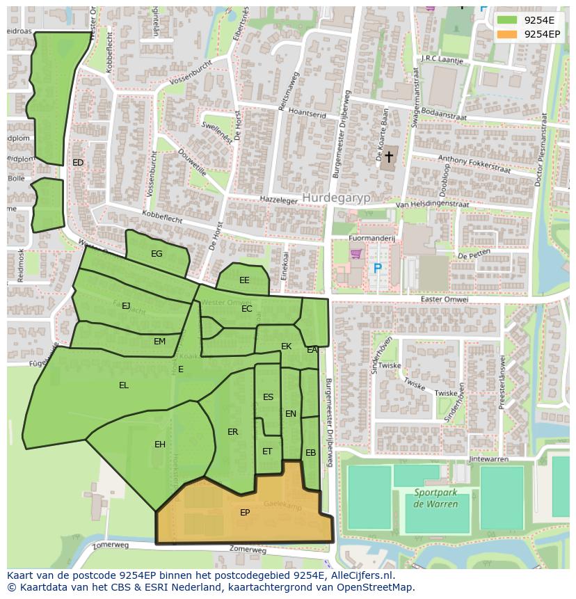 Afbeelding van het postcodegebied 9254 EP op de kaart.