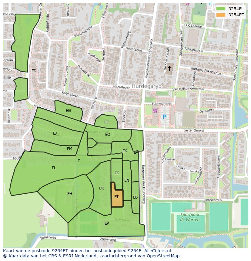 Afbeelding van het postcodegebied 9254 ET op de kaart.
