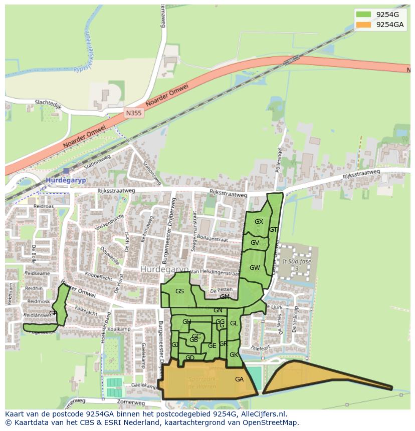 Afbeelding van het postcodegebied 9254 GA op de kaart.