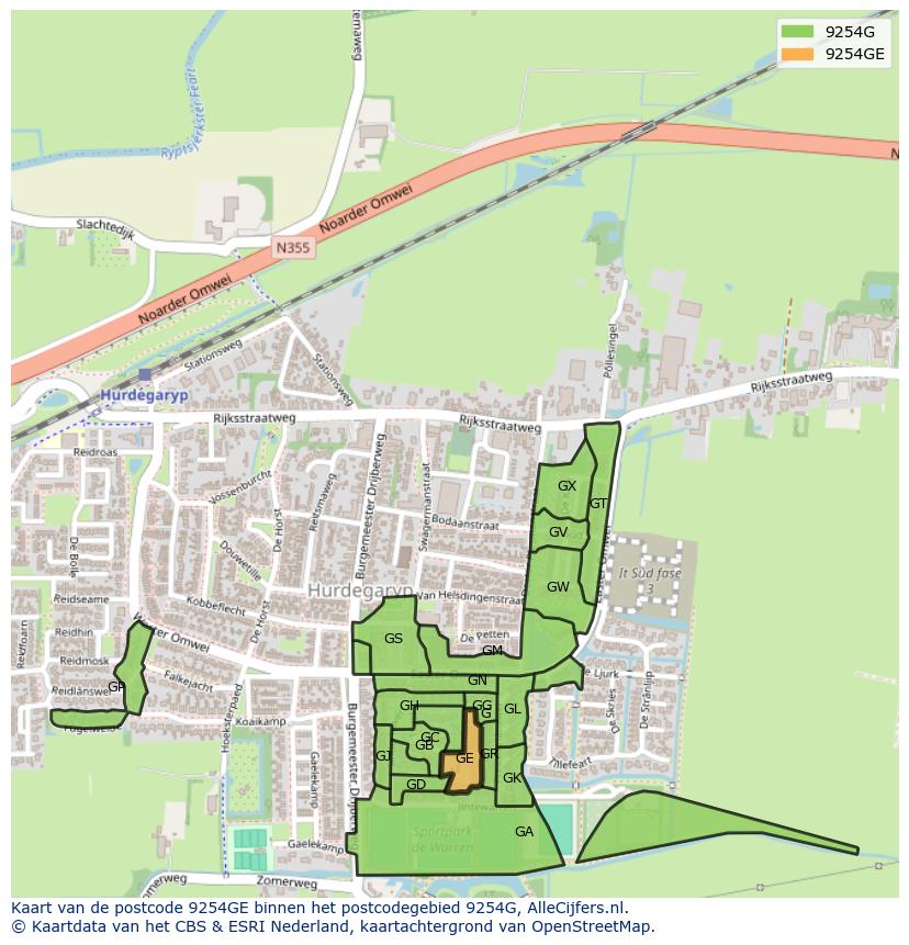 Afbeelding van het postcodegebied 9254 GE op de kaart.