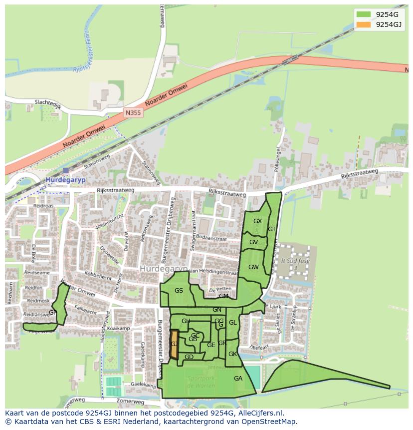 Afbeelding van het postcodegebied 9254 GJ op de kaart.