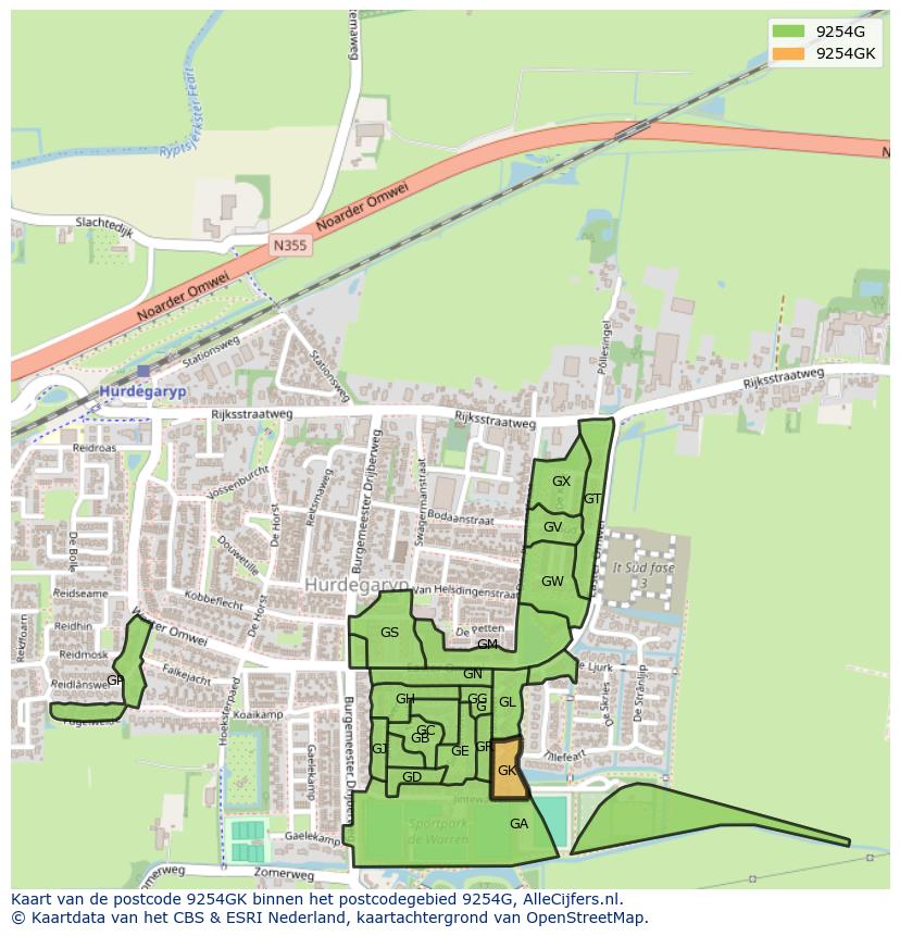 Afbeelding van het postcodegebied 9254 GK op de kaart.