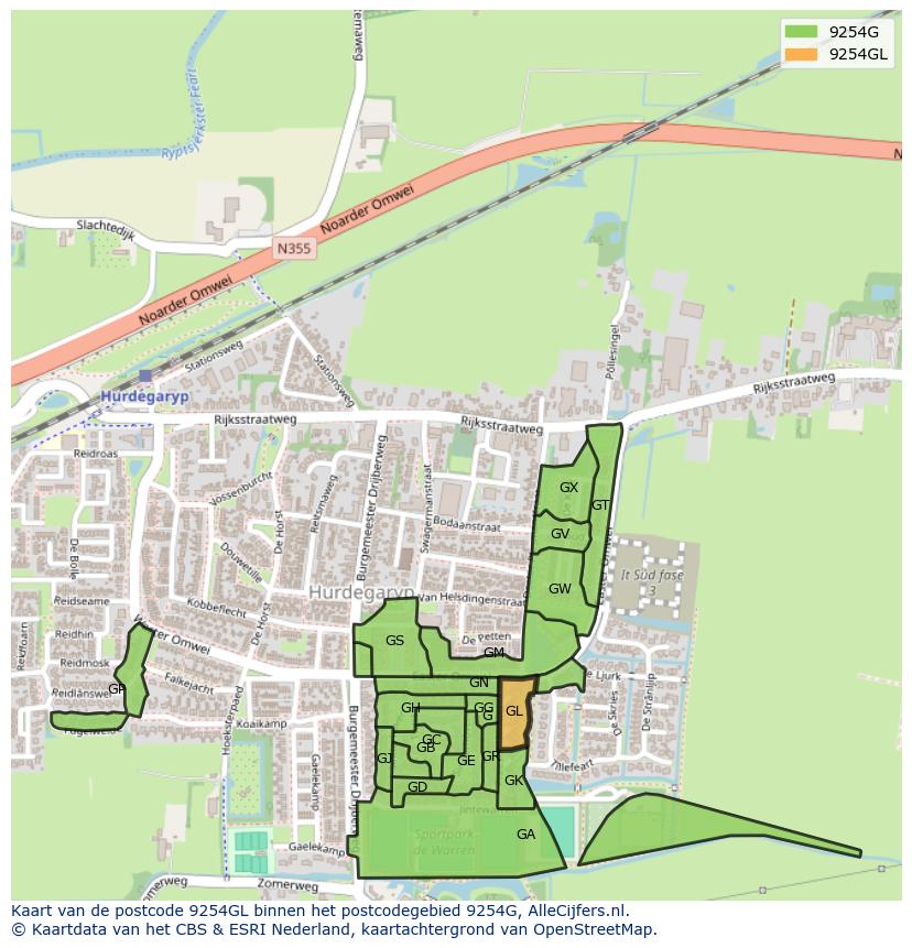 Afbeelding van het postcodegebied 9254 GL op de kaart.