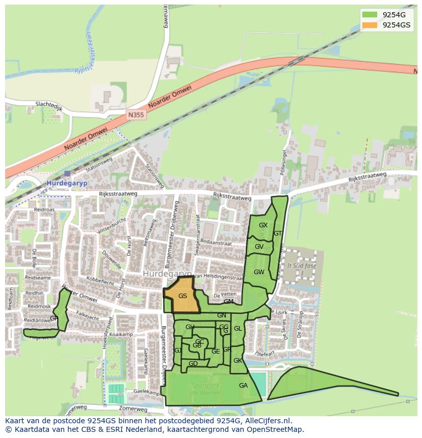 Afbeelding van het postcodegebied 9254 GS op de kaart.