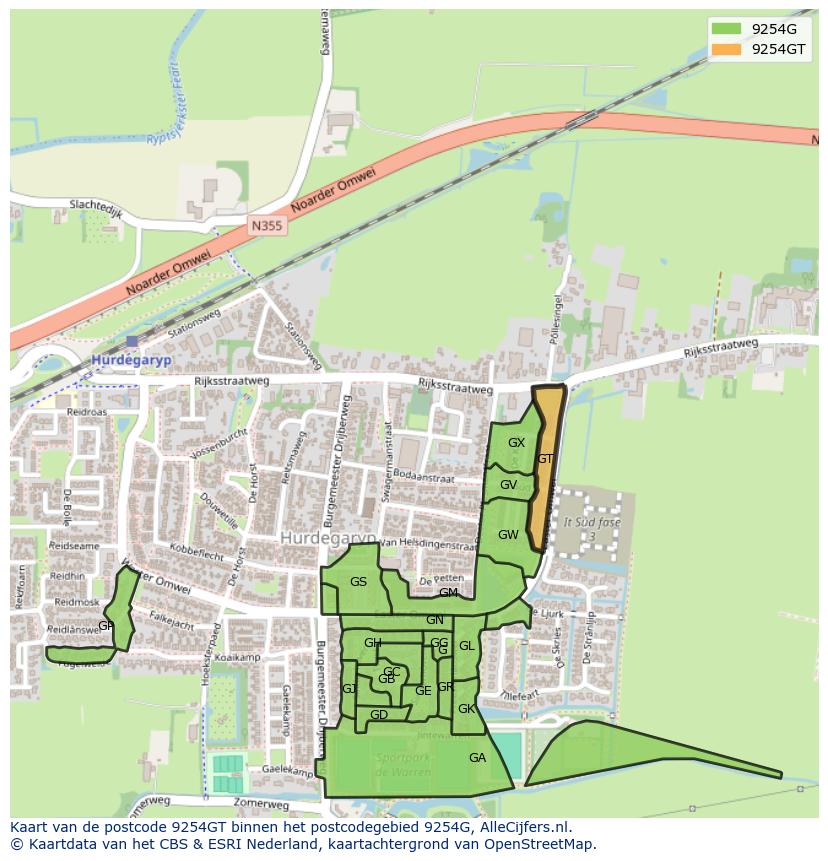 Afbeelding van het postcodegebied 9254 GT op de kaart.