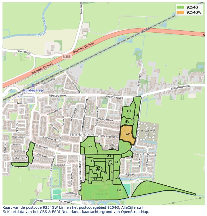 Afbeelding van het postcodegebied 9254 GW op de kaart.