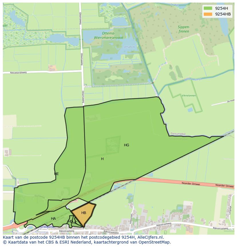 Afbeelding van het postcodegebied 9254 HB op de kaart.