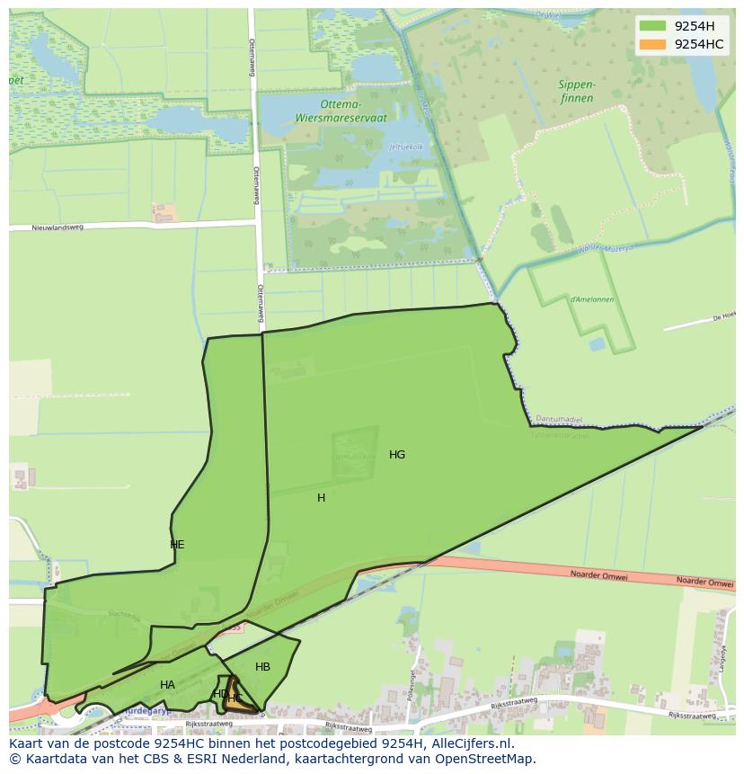 Afbeelding van het postcodegebied 9254 HC op de kaart.