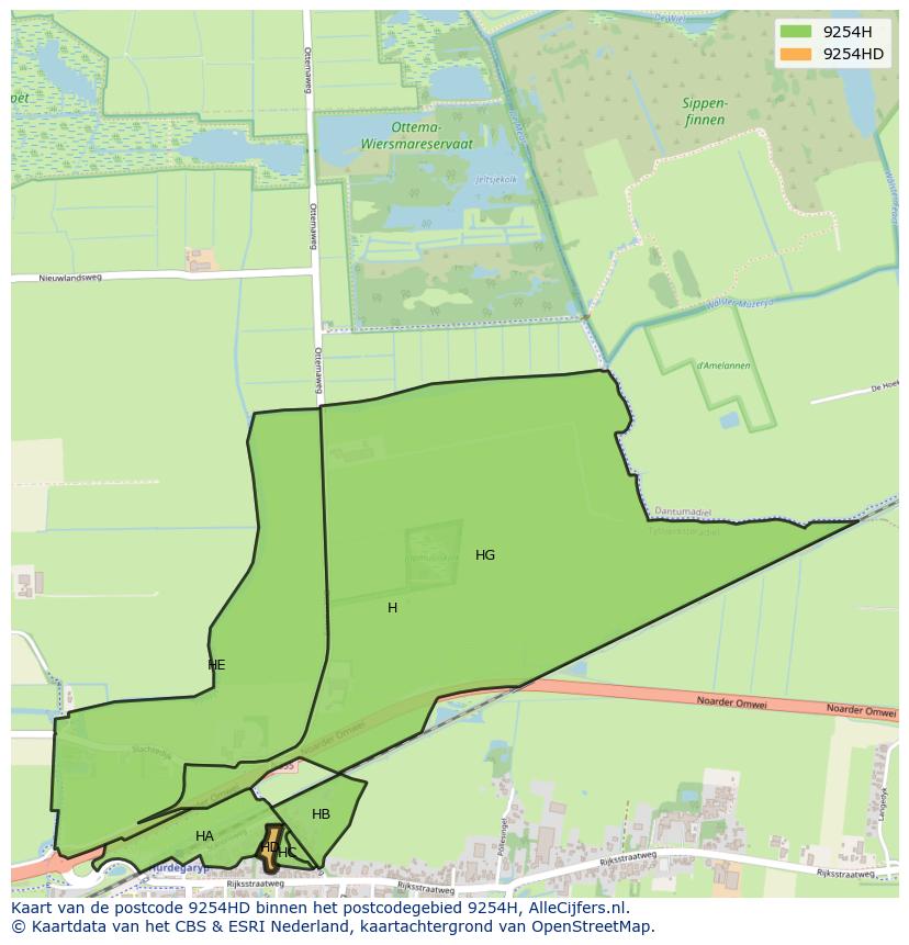 Afbeelding van het postcodegebied 9254 HD op de kaart.