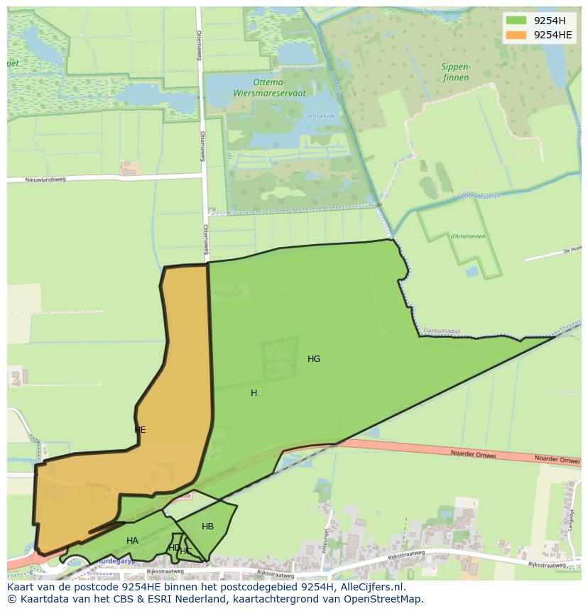 Afbeelding van het postcodegebied 9254 HE op de kaart.