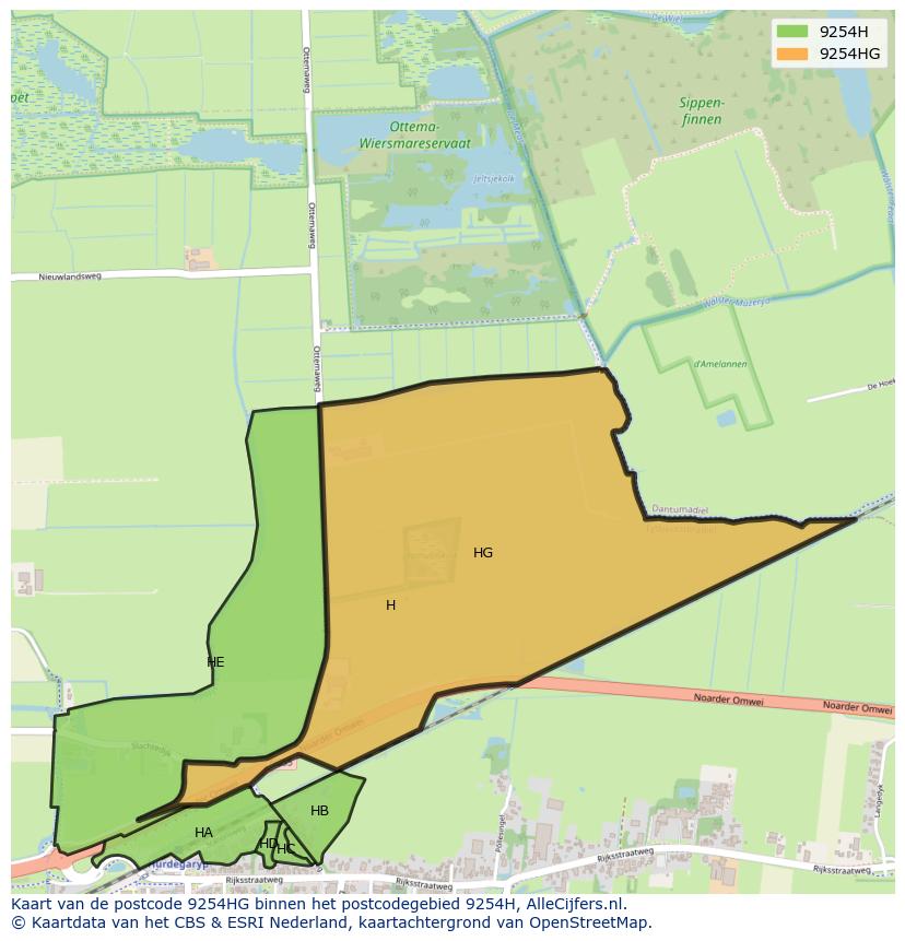Afbeelding van het postcodegebied 9254 HG op de kaart.
