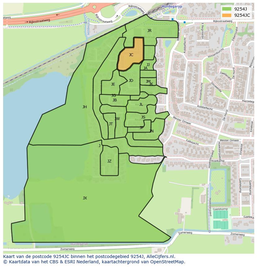 Afbeelding van het postcodegebied 9254 JC op de kaart.
