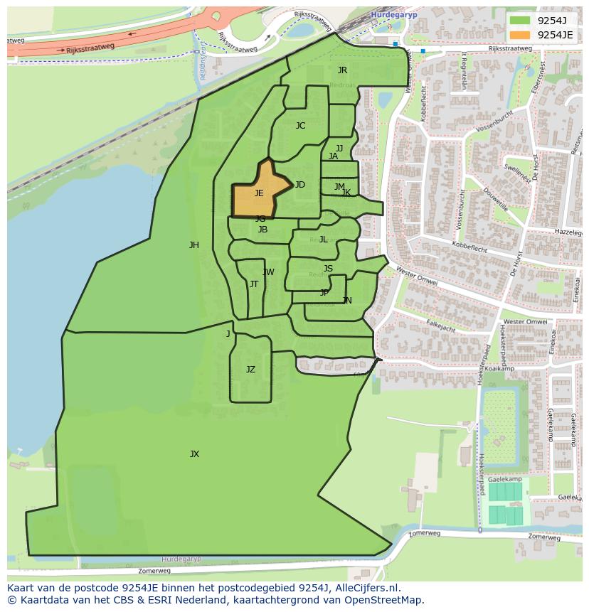 Afbeelding van het postcodegebied 9254 JE op de kaart.