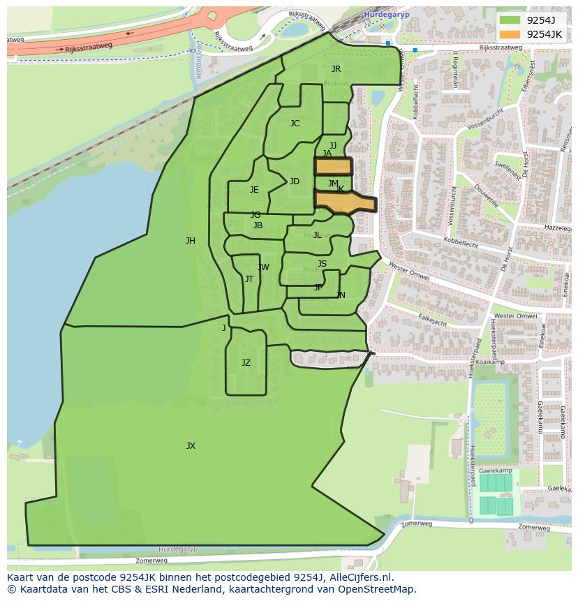 Afbeelding van het postcodegebied 9254 JK op de kaart.
