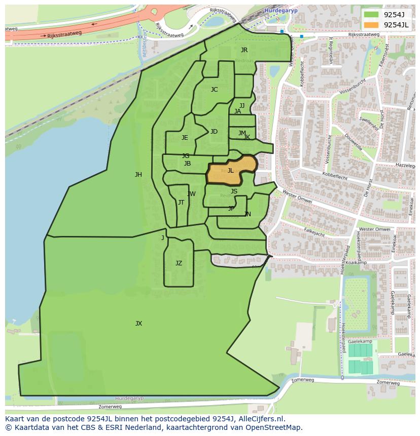 Afbeelding van het postcodegebied 9254 JL op de kaart.