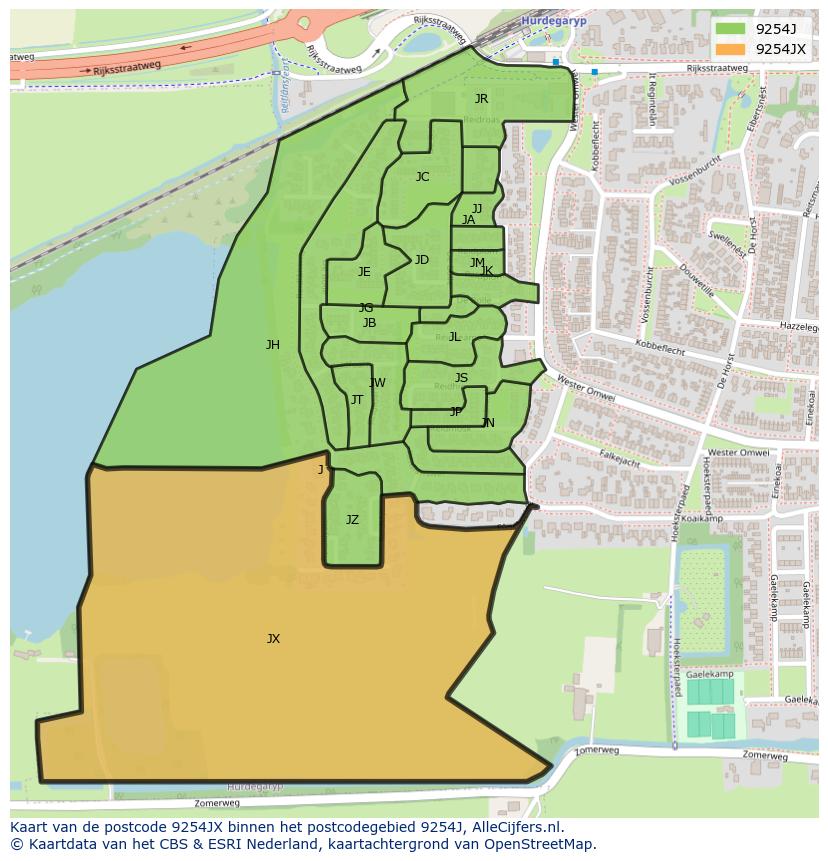 Afbeelding van het postcodegebied 9254 JX op de kaart.