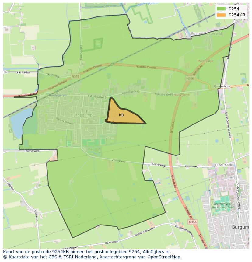 Afbeelding van het postcodegebied 9254 KB op de kaart.