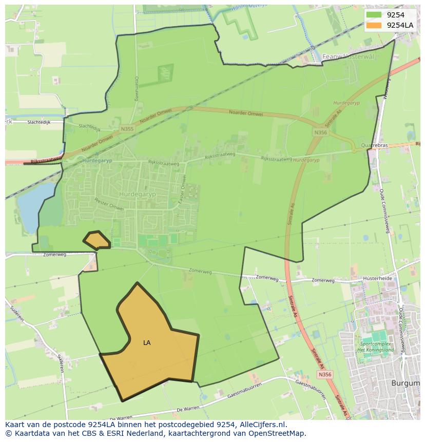 Afbeelding van het postcodegebied 9254 LA op de kaart.