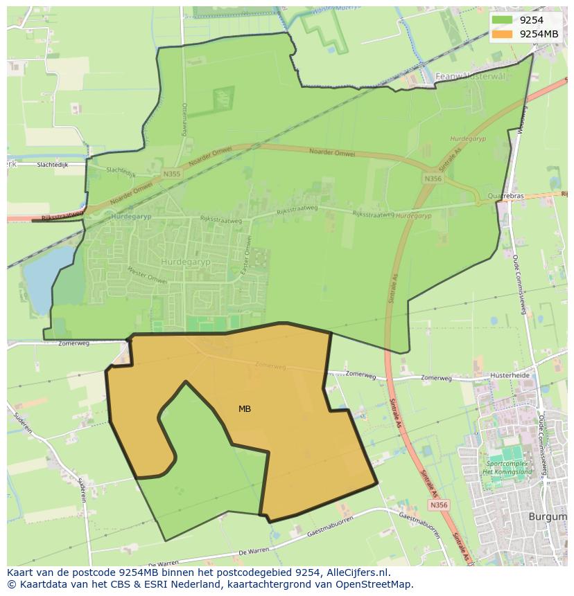 Afbeelding van het postcodegebied 9254 MB op de kaart.