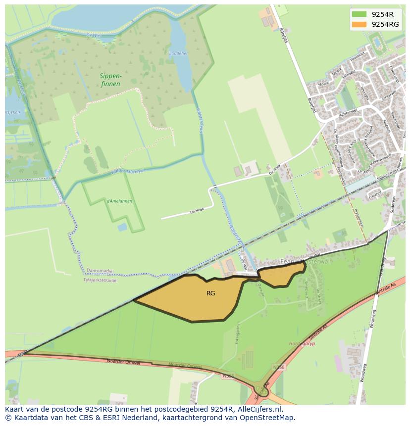 Afbeelding van het postcodegebied 9254 RG op de kaart.
