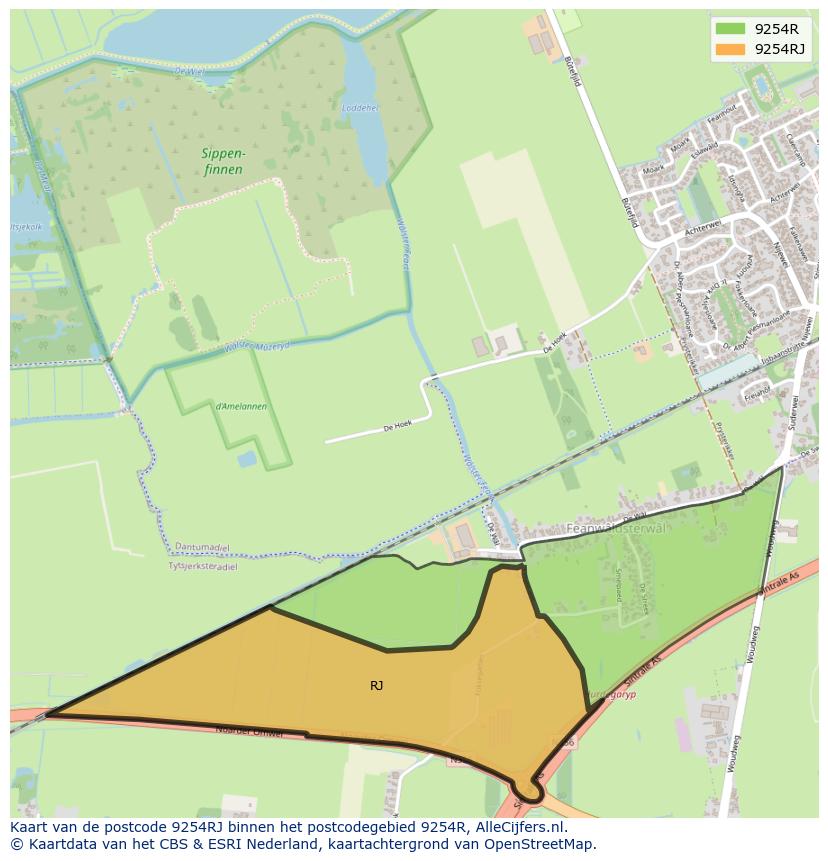Afbeelding van het postcodegebied 9254 RJ op de kaart.
