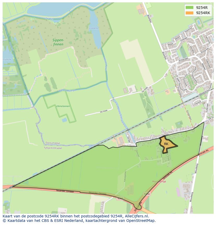 Afbeelding van het postcodegebied 9254 RK op de kaart.