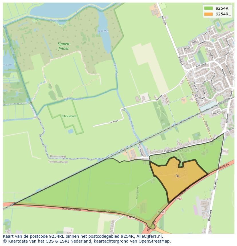 Afbeelding van het postcodegebied 9254 RL op de kaart.