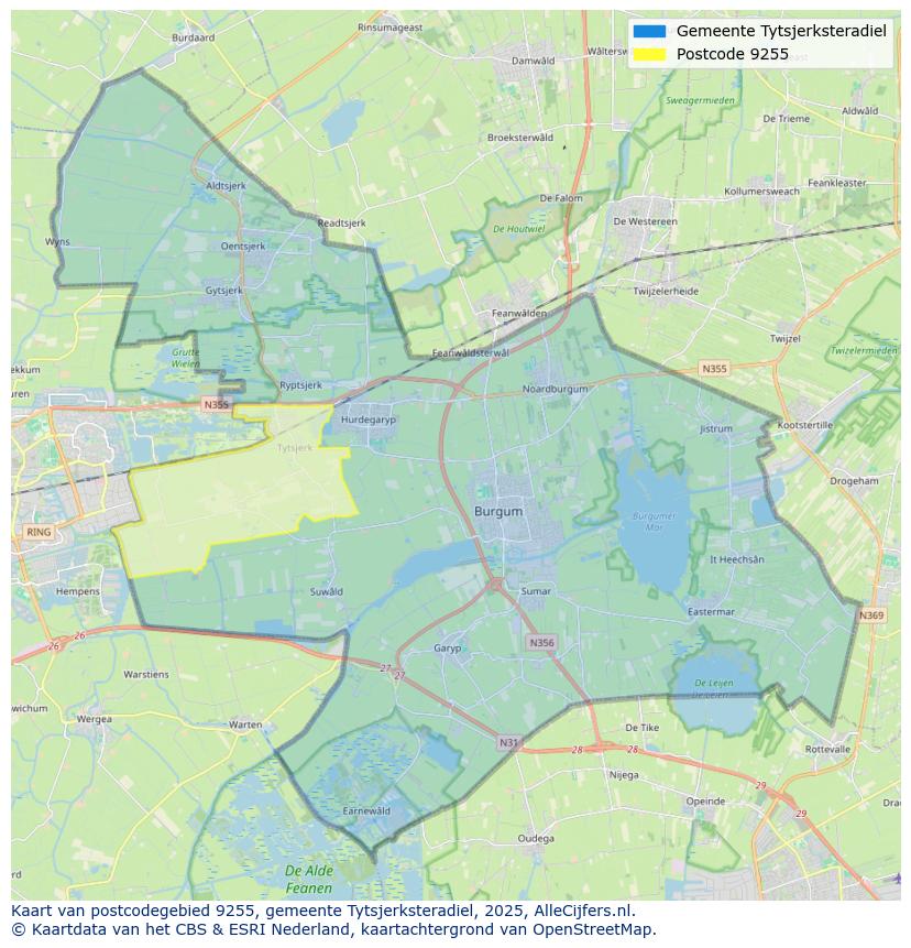 Afbeelding van het postcodegebied 9255 op de kaart.