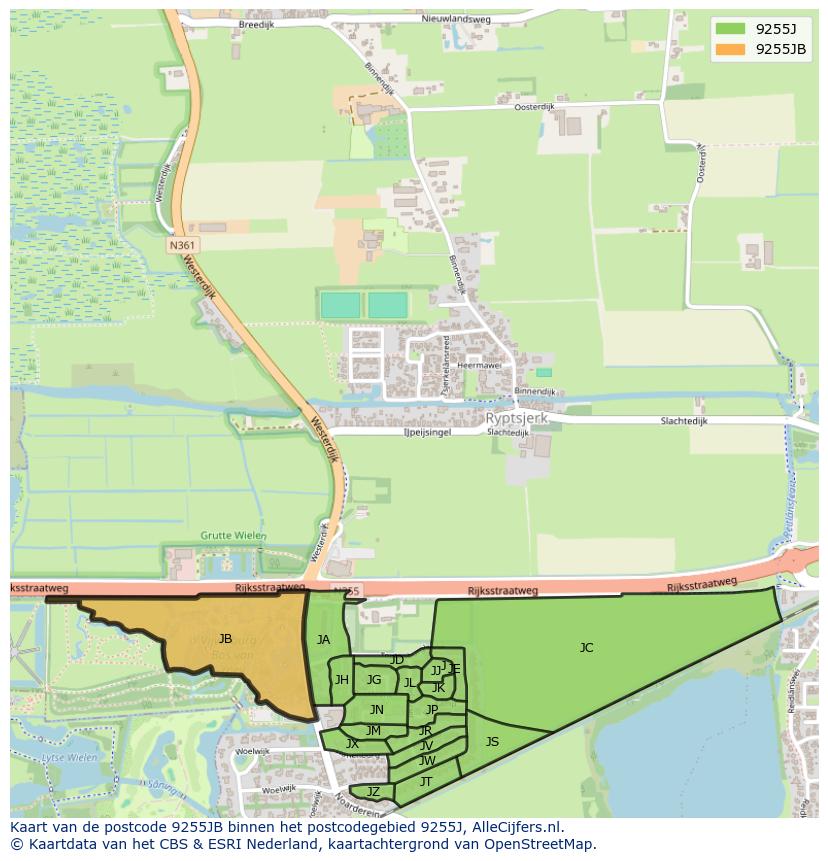 Afbeelding van het postcodegebied 9255 JB op de kaart.