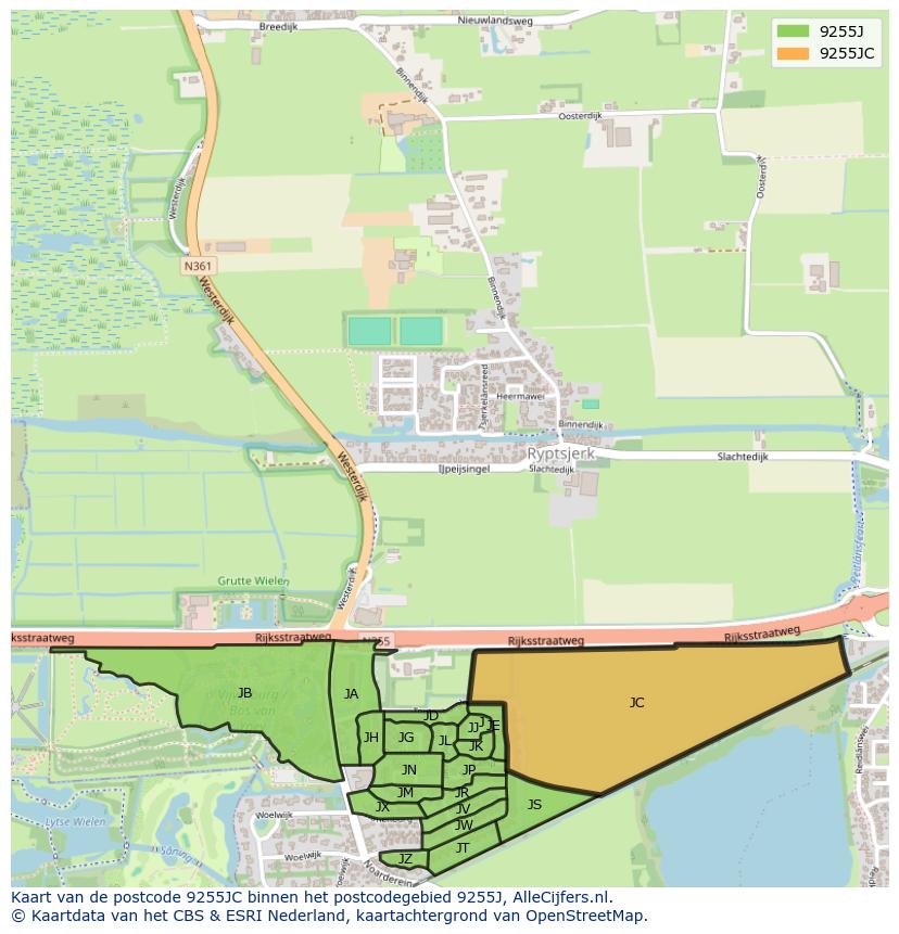 Afbeelding van het postcodegebied 9255 JC op de kaart.
