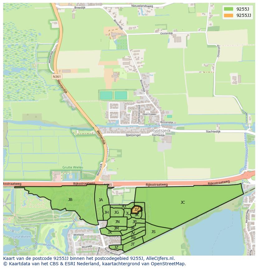 Afbeelding van het postcodegebied 9255 JJ op de kaart.