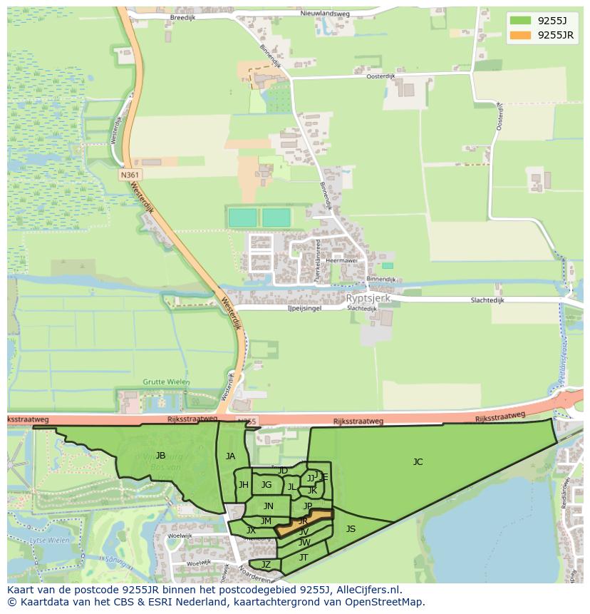 Afbeelding van het postcodegebied 9255 JR op de kaart.
