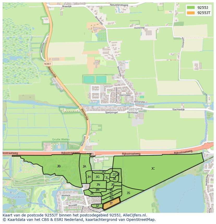 Afbeelding van het postcodegebied 9255 JT op de kaart.